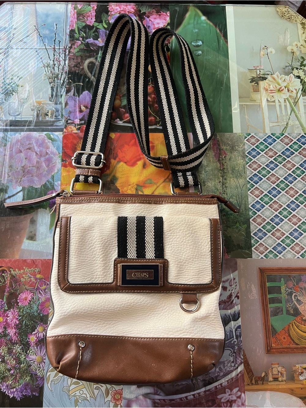 Chaps Cream and Brown Crossbody Bag with Black & Cream Striped Strap